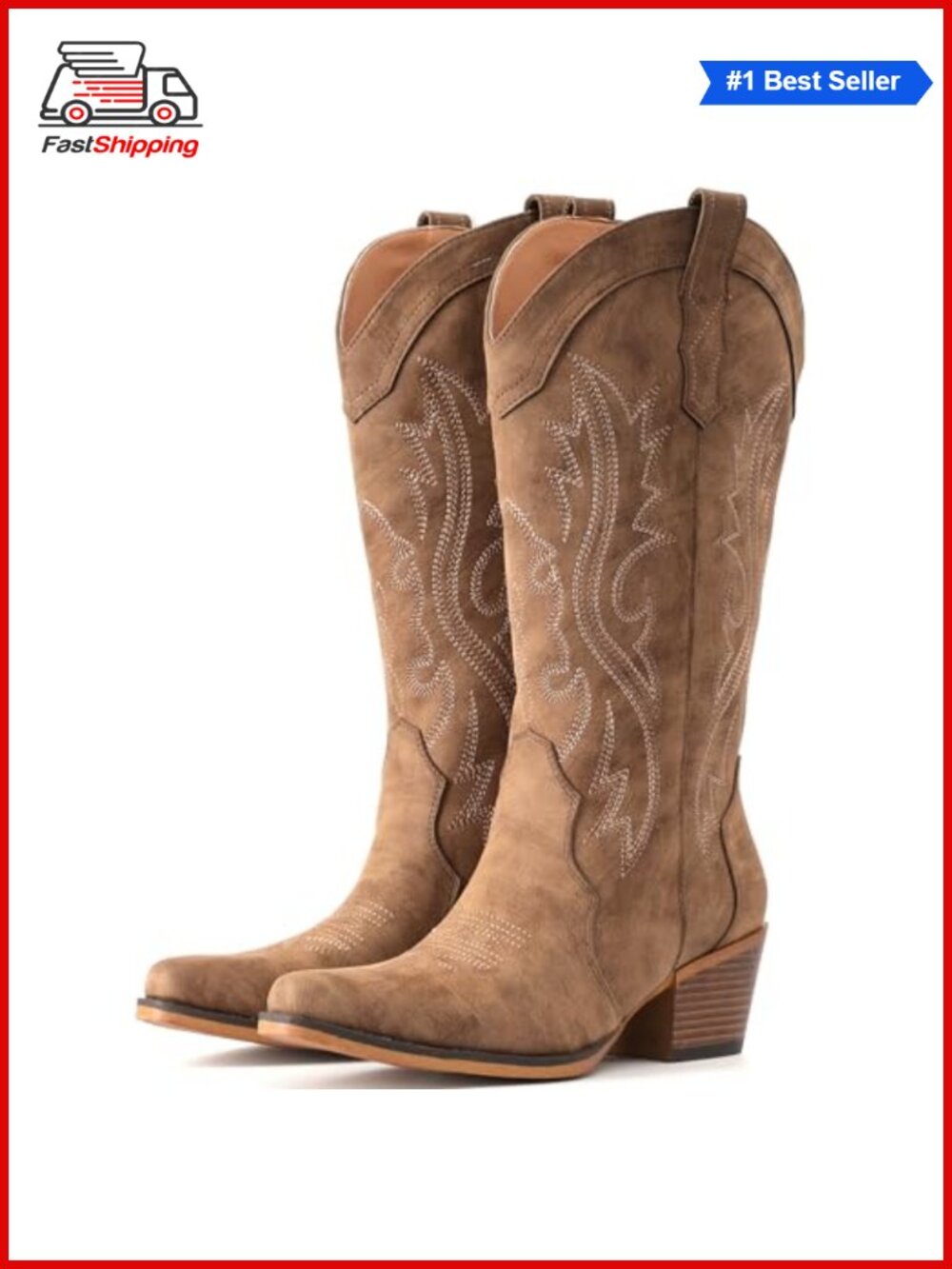 ✨IUV Cowboy Boots Women Western Cowgirl Mid Calf Snip Toe Faux Leather